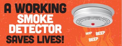 Smoke detector with text "A Working Smoke Detector Saves Lives"